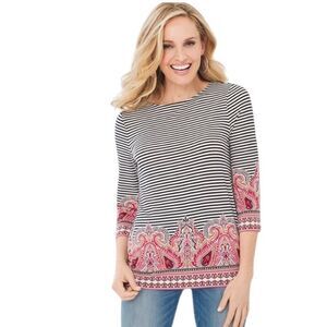 Chico’s Hawaiian Paisley-Print size large black white stripe pink paisley top
